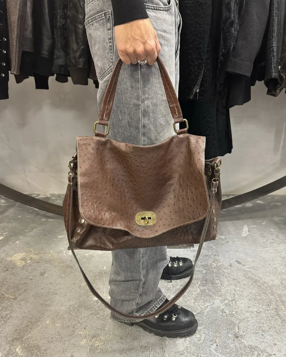 2000s Tods Ostrich Embossed Brown Leather Shoulder Bag (null) 0