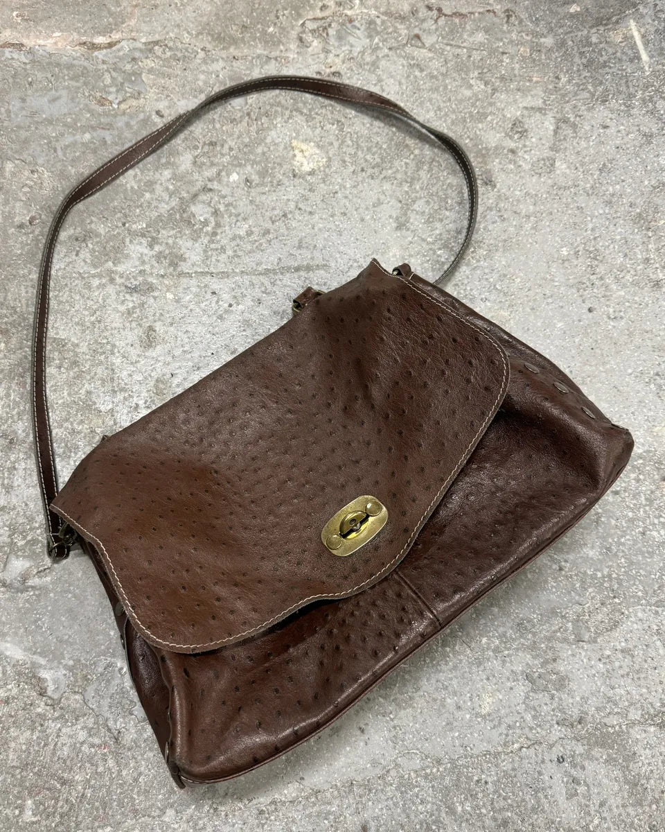 2000s Tods Ostrich Embossed Brown Leather Shoulder Bag (null) 1
