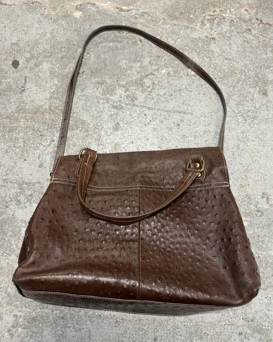 2000s Tods Ostrich Embossed Brown Leather Shoulder Bag (null) 2