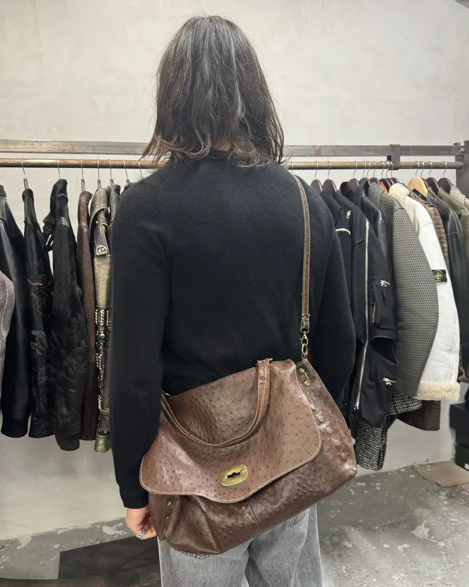 2000s Tods Ostrich Embossed Brown Leather Shoulder Bag (null) 3