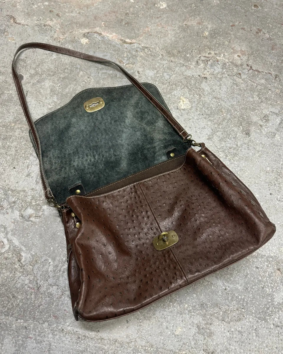 2000s Tods Ostrich Embossed Brown Leather Shoulder Bag (null) 5