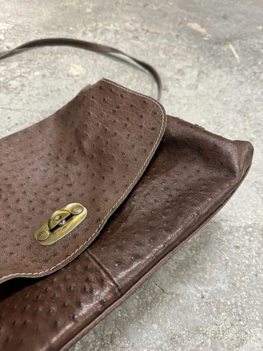 2000s Tods Ostrich Embossed Brown Leather Shoulder Bag (null) 7