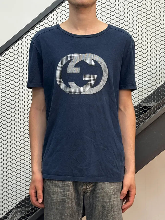 2000s Gucci Navy Double G Logo Print T-Shirt bUynsXD 1