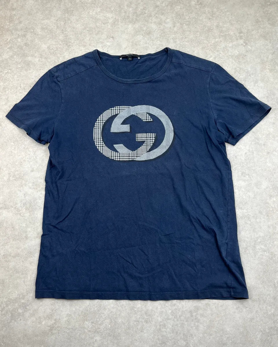 2000s Gucci Navy Double G Logo Print T-Shirt bUynsXD 0