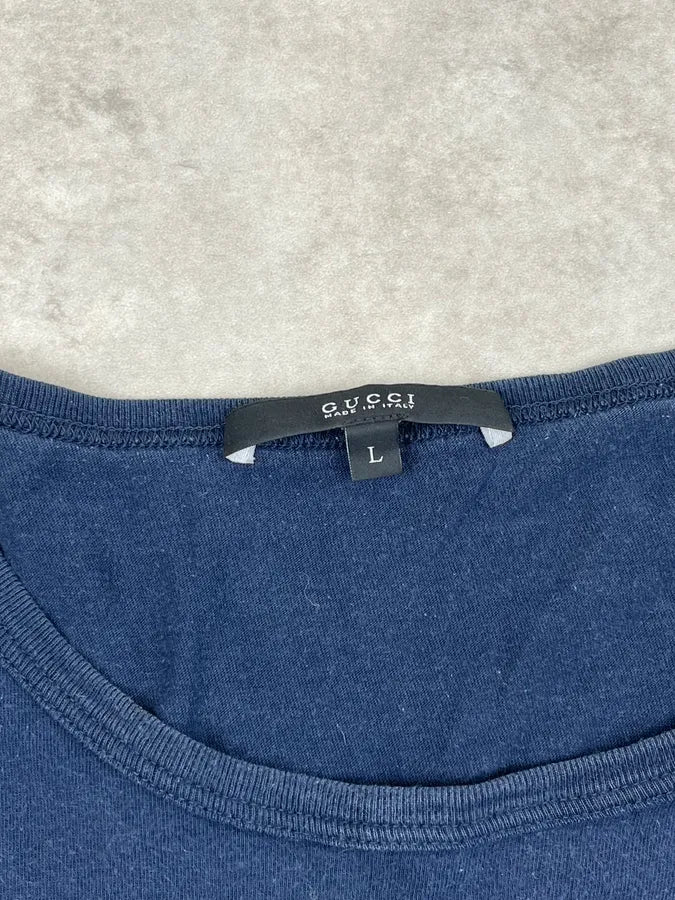 2000s Gucci Navy Double G Logo Print T-Shirt bUynsXD 6