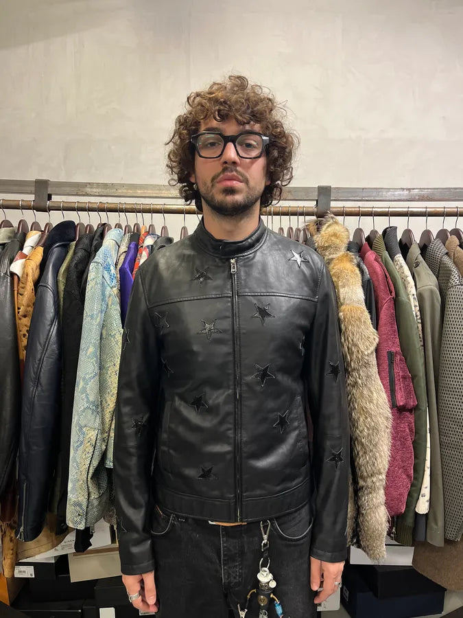 2000s Trussardi Stars Black Leather Jacket sHkNzsk 1