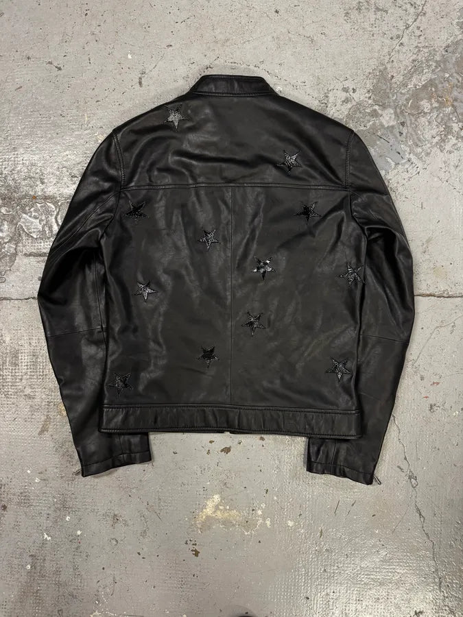 2000s Trussardi Stars Black Leather Jacket sHkNzsk 2