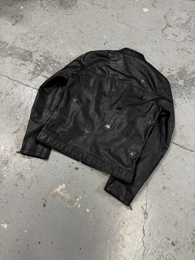 2000s Trussardi Stars Black Leather Jacket sHkNzsk 4