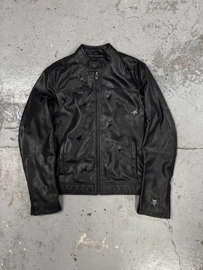 2000s Trussardi Stars Black Leather Jacket sHkNzsk 0