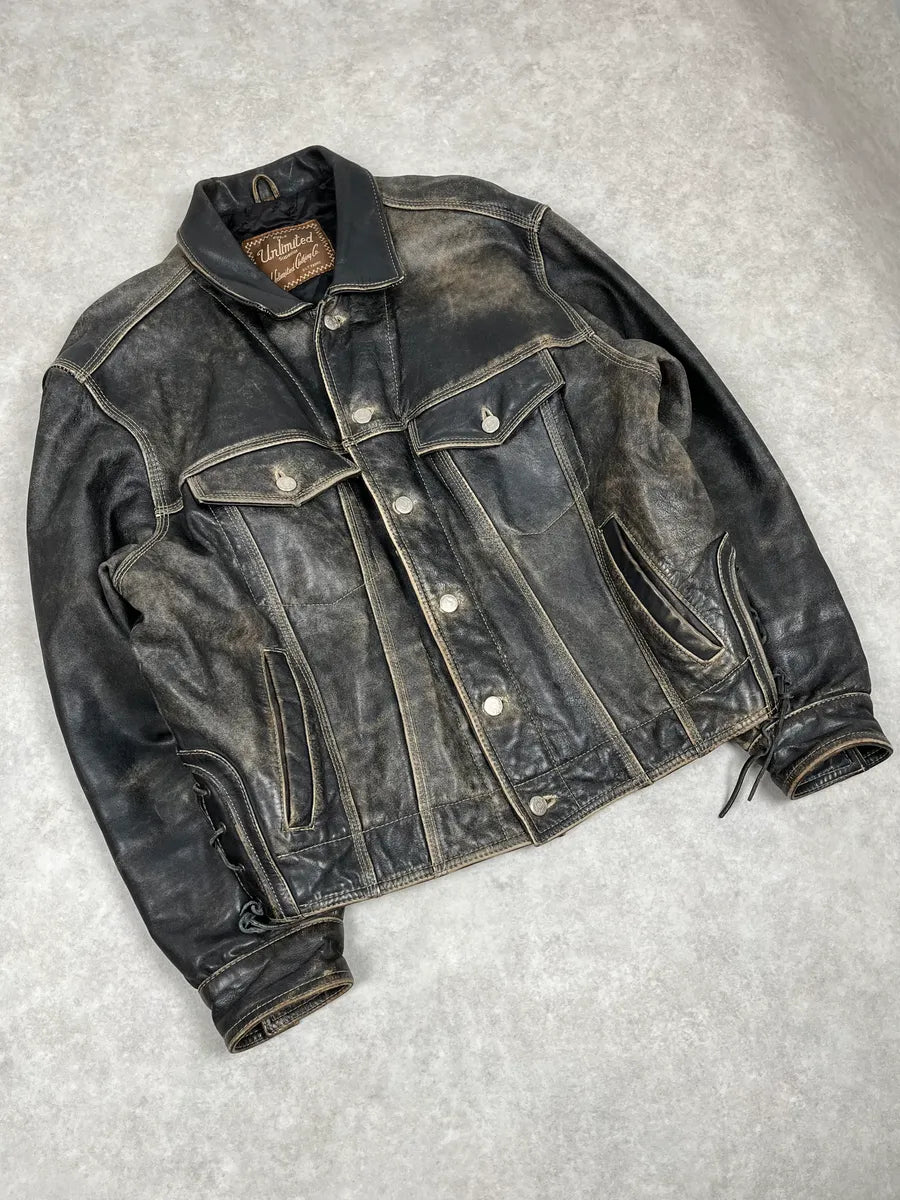 2000s Unlimited Archive Grey Eroded Leather Patina Trucker Jacket lCbWwyt 3