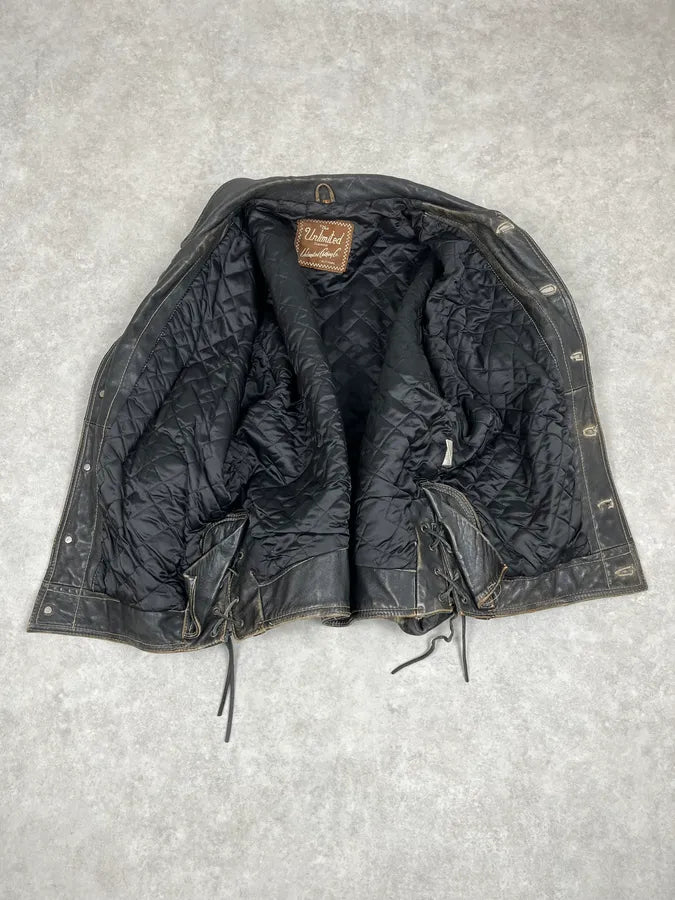 2000s Unlimited Archive Grey Eroded Leather Patina Trucker Jacket lCbWwyt 7