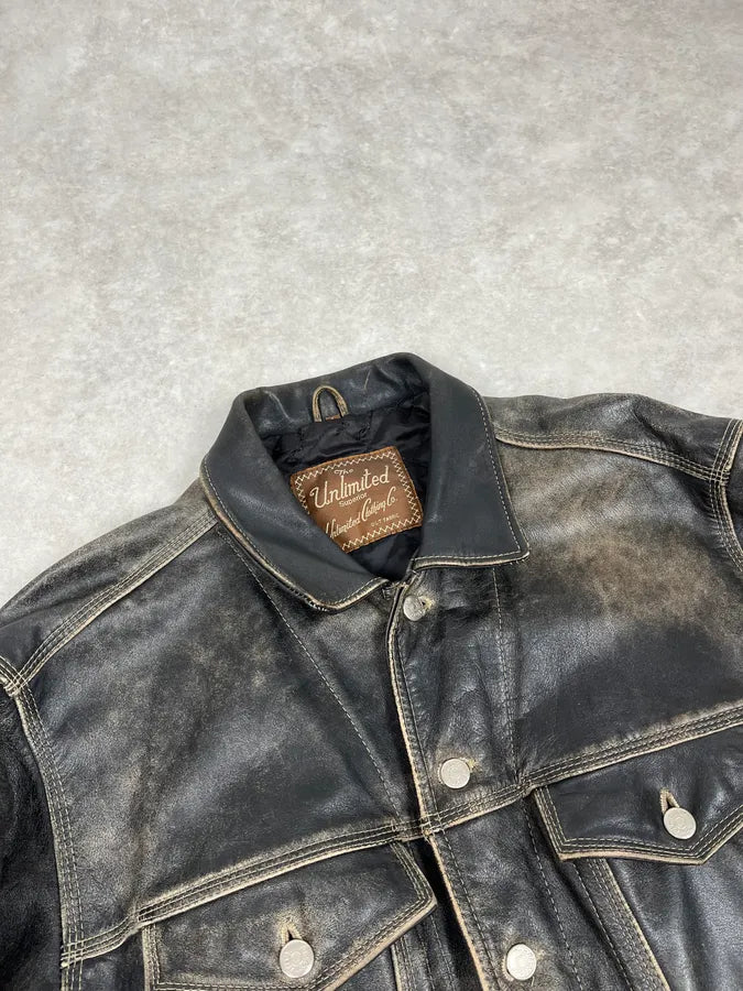 2000s Unlimited Archive Grey Eroded Leather Patina Trucker Jacket lCbWwyt 4