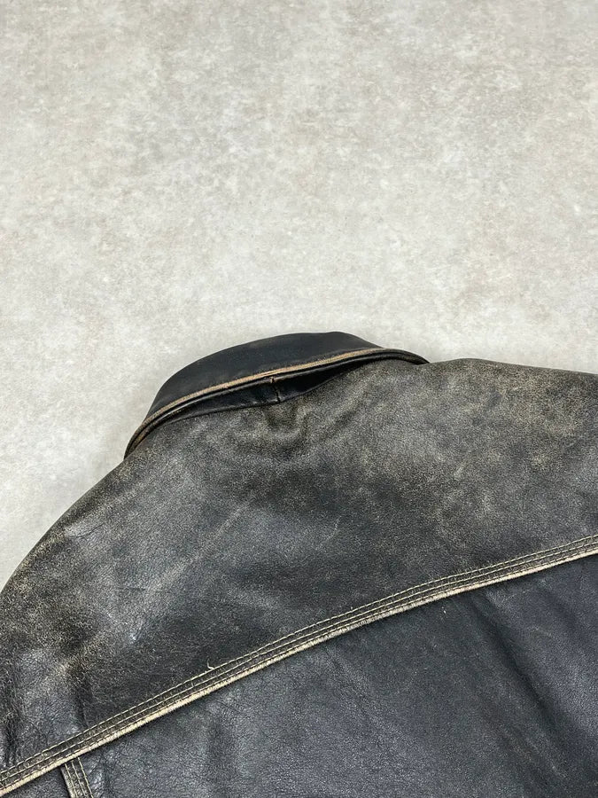 2000s Unlimited Archive Grey Eroded Leather Patina Trucker Jacket lCbWwyt 6