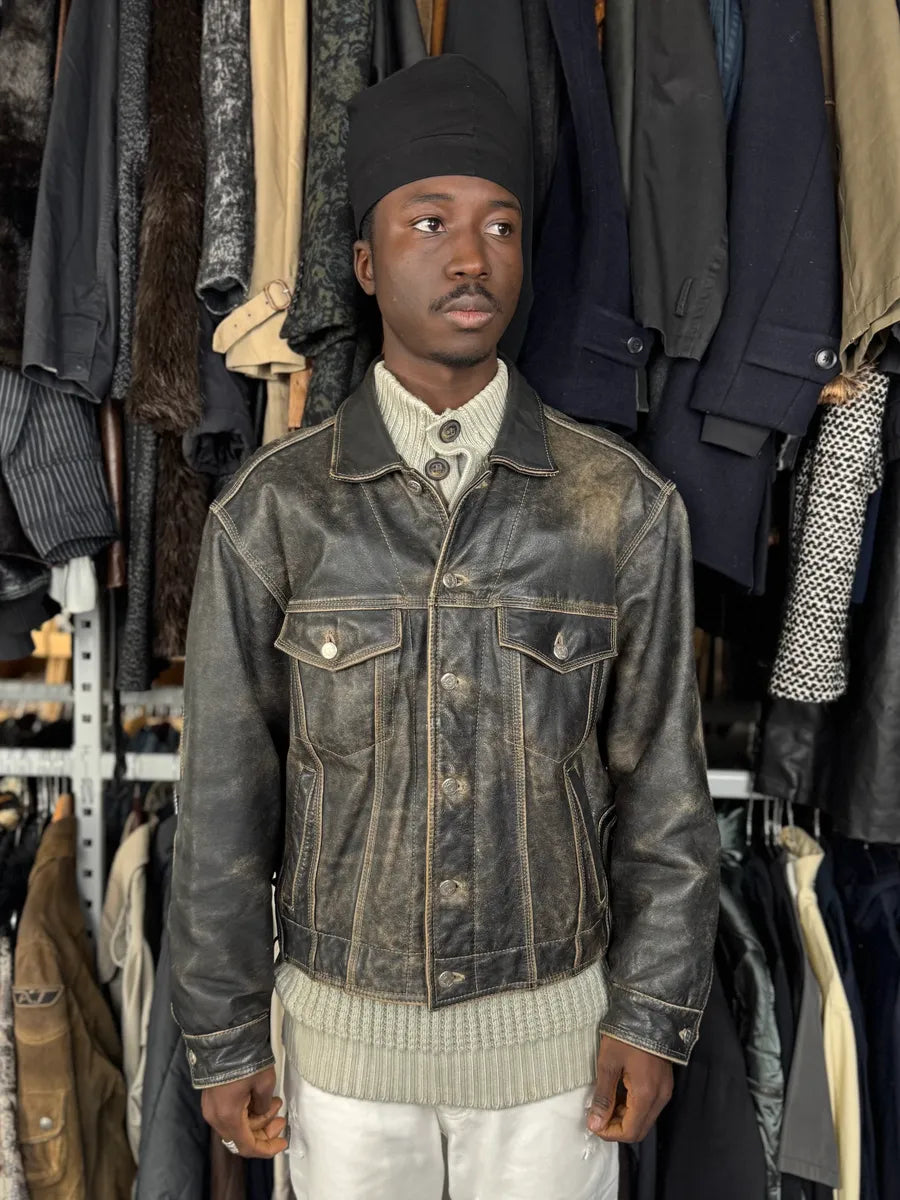 2000s Unlimited Archive Grey Eroded Leather Patina Trucker Jacket lCbWwyt 1