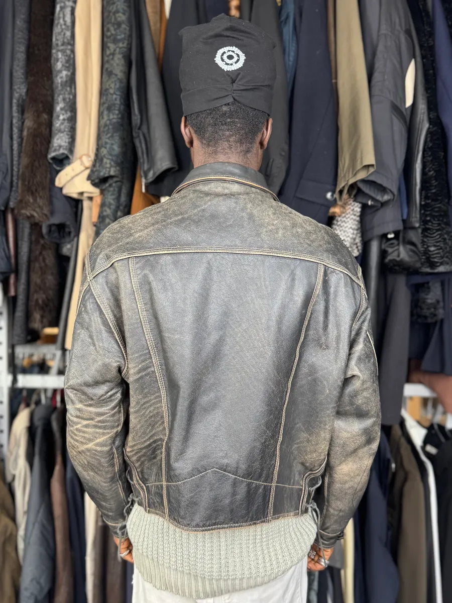 2000s Unlimited Archive Grey Eroded Leather Patina Trucker Jacket lCbWwyt 2