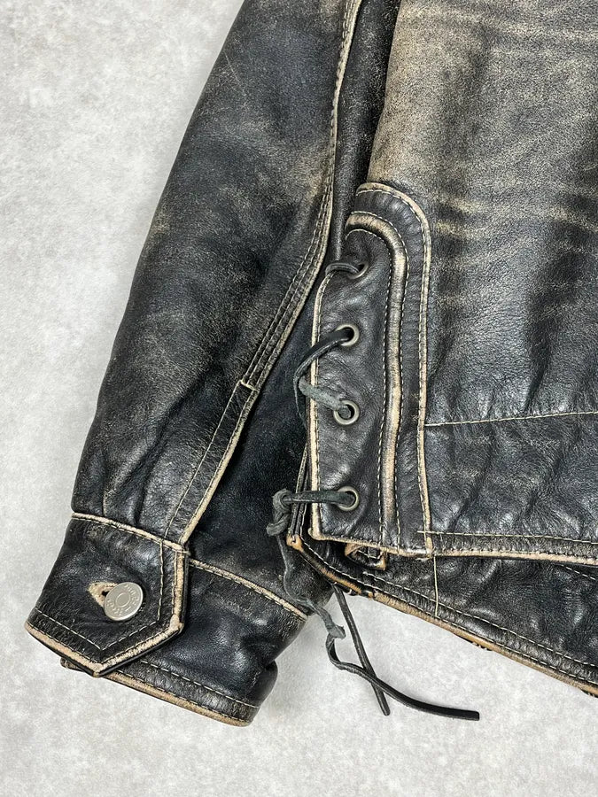 2000s Unlimited Archive Grey Eroded Leather Patina Trucker Jacket lCbWwyt 8