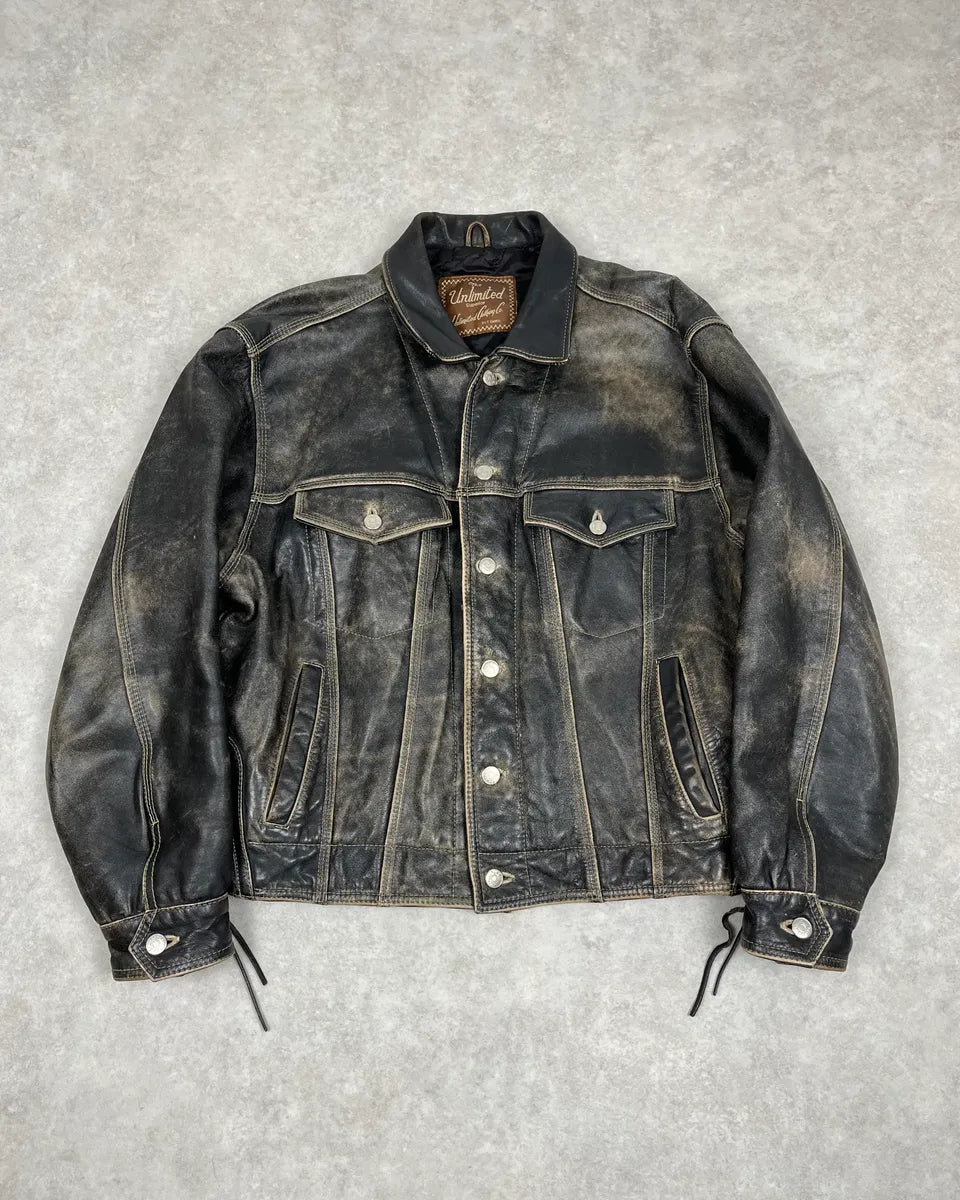 2000s Unlimited Archive Grey Eroded Leather Patina Trucker Jacket lCbWwyt 0