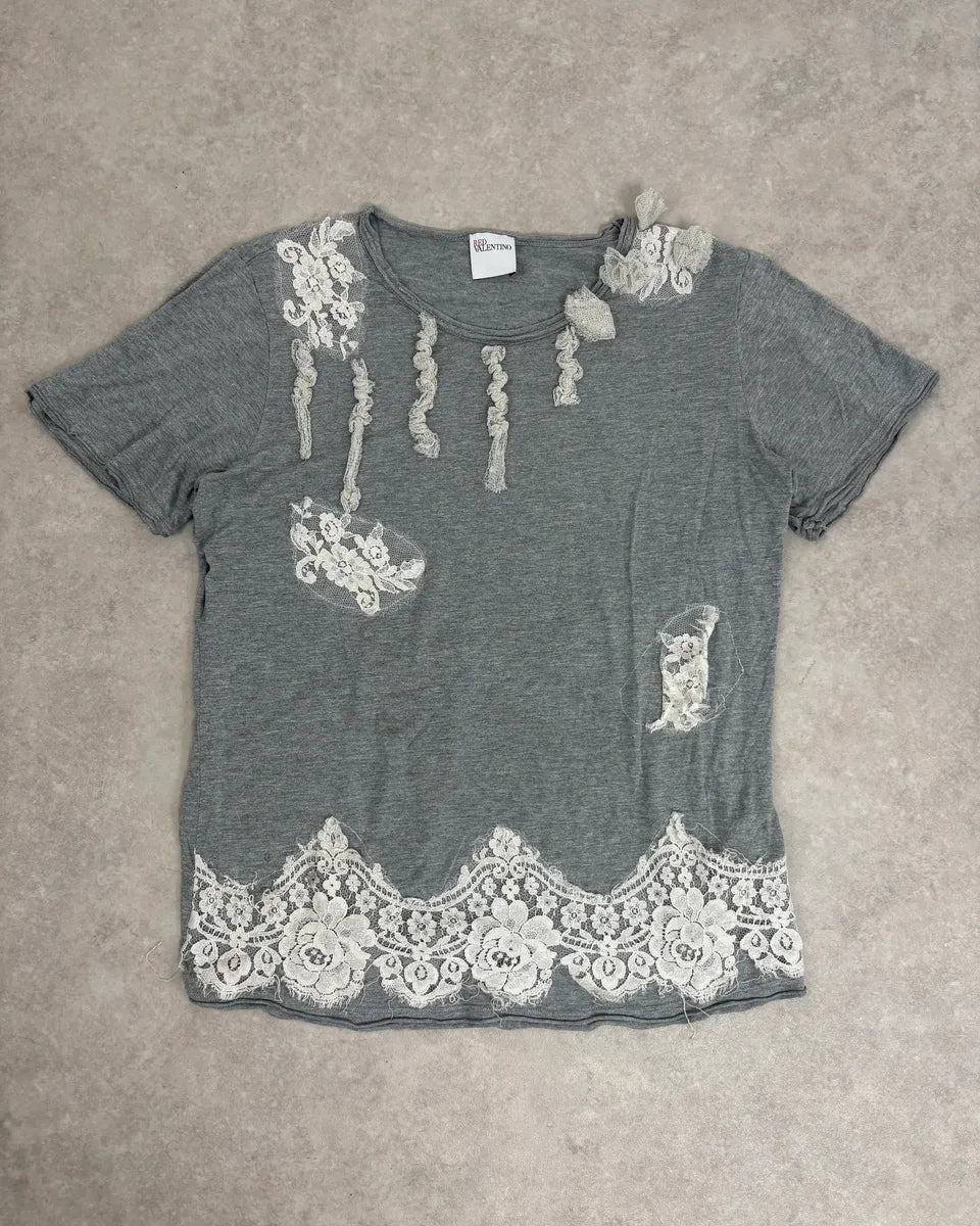 2000s Valentino Grey Floral Embroidered T-Shirt AKzdgxZ 0