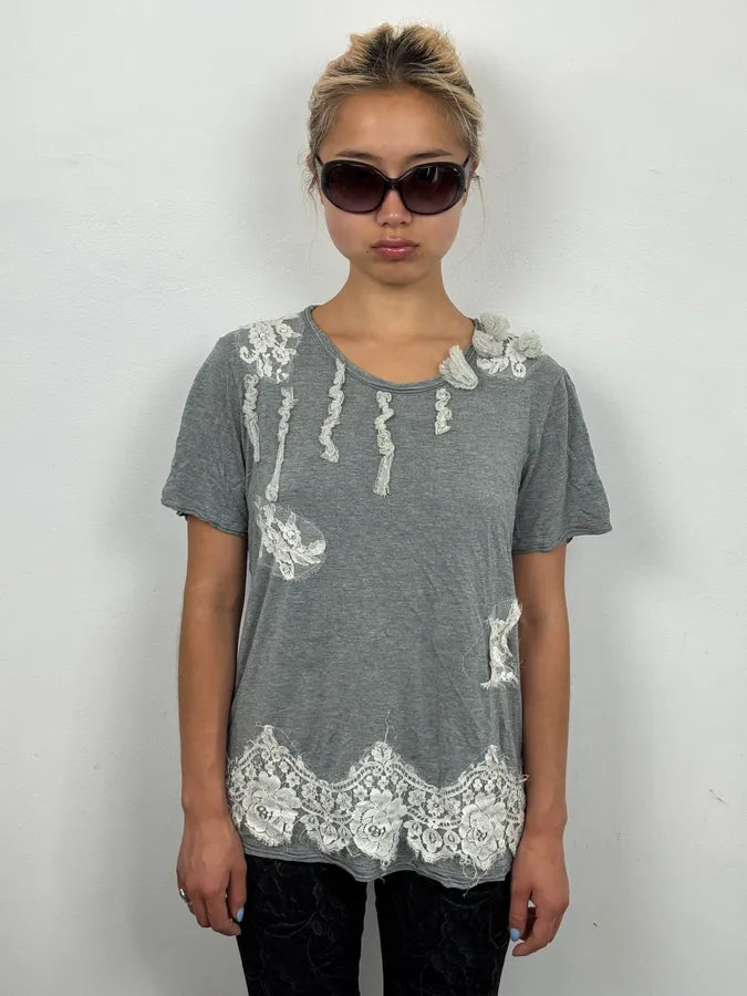 2000s Valentino Grey Floral Embroidered T-Shirt AKzdgxZ 1