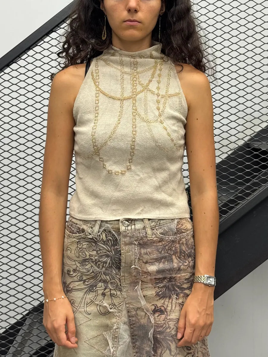 2000s Versace Beige Chain Trompe L’Oeil Sleeveless Turtleneck uvJJFGE 0