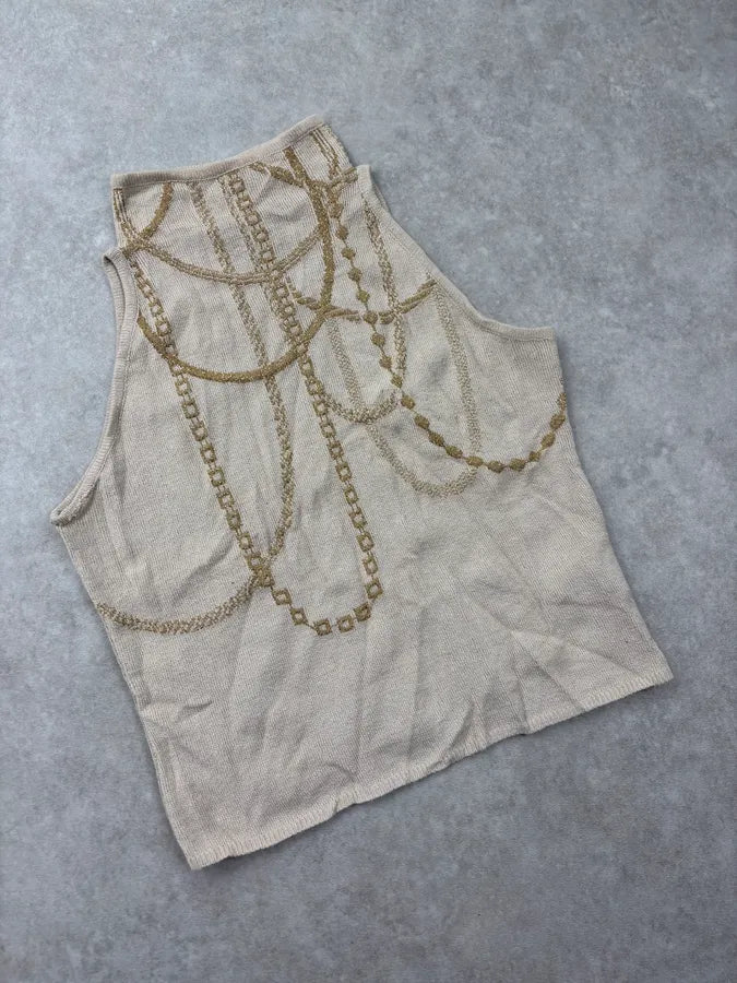 2000s Versace Beige Chain Trompe L’Oeil Sleeveless Turtleneck uvJJFGE 3