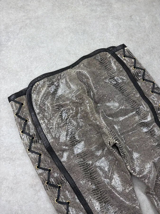 2000s Versace Grey Embossed Snakeskin Laced Leather Pants yFncoYx 8