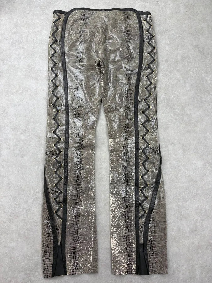 2000s Versace Grey Embossed Snakeskin Laced Leather Pants yFncoYx 0