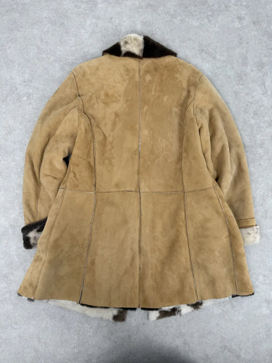 2000s Versace Beige Leather Fur Collar Cow Effect Coat UbxEMmR 2