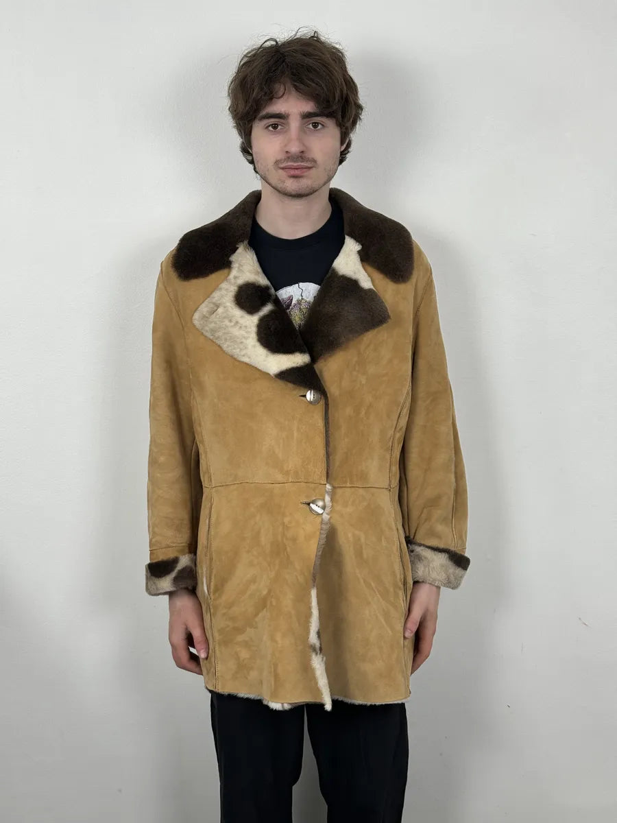 2000s Versace Beige Leather Fur Collar Cow Effect Coat UbxEMmR 3