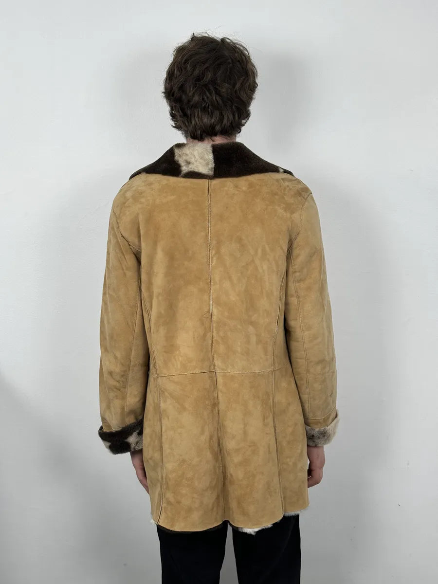 2000s Versace Beige Leather Fur Collar Cow Effect Coat UbxEMmR 4