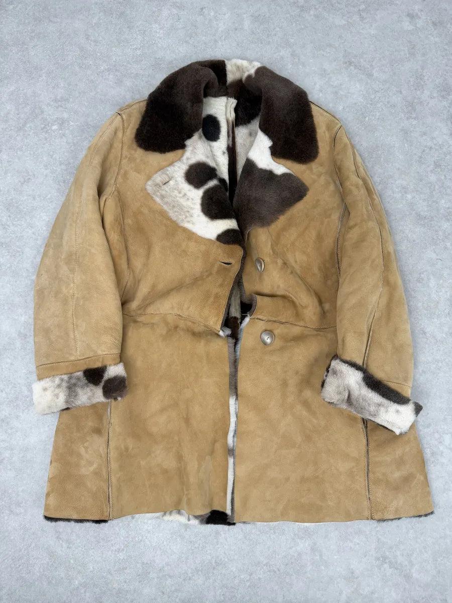 2000s Versace Beige Leather Fur Collar Cow Effect Coat UbxEMmR 5