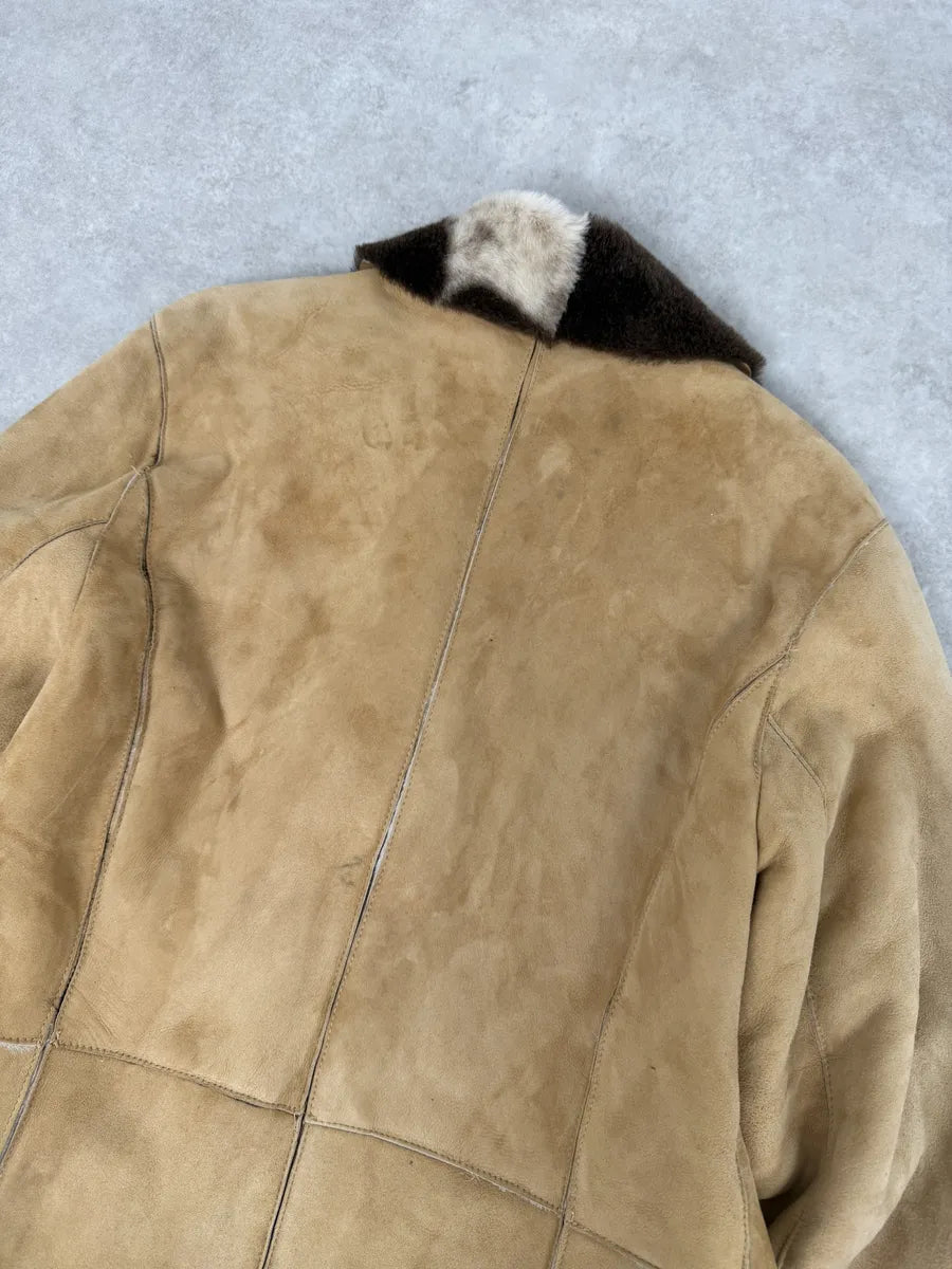 2000s Versace Beige Leather Fur Collar Cow Effect Coat UbxEMmR 6