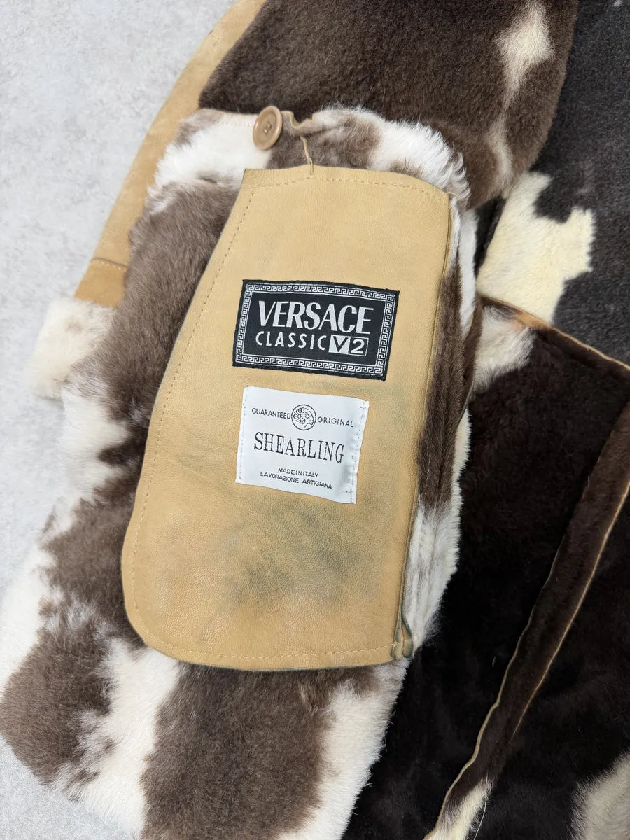 2000s Versace Beige Leather Fur Collar Cow Effect Coat UbxEMmR 7
