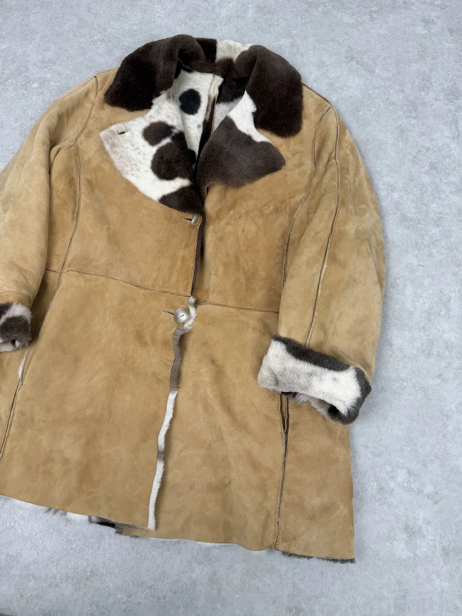 2000s Versace Beige Leather Fur Collar Cow Effect Coat UbxEMmR 8