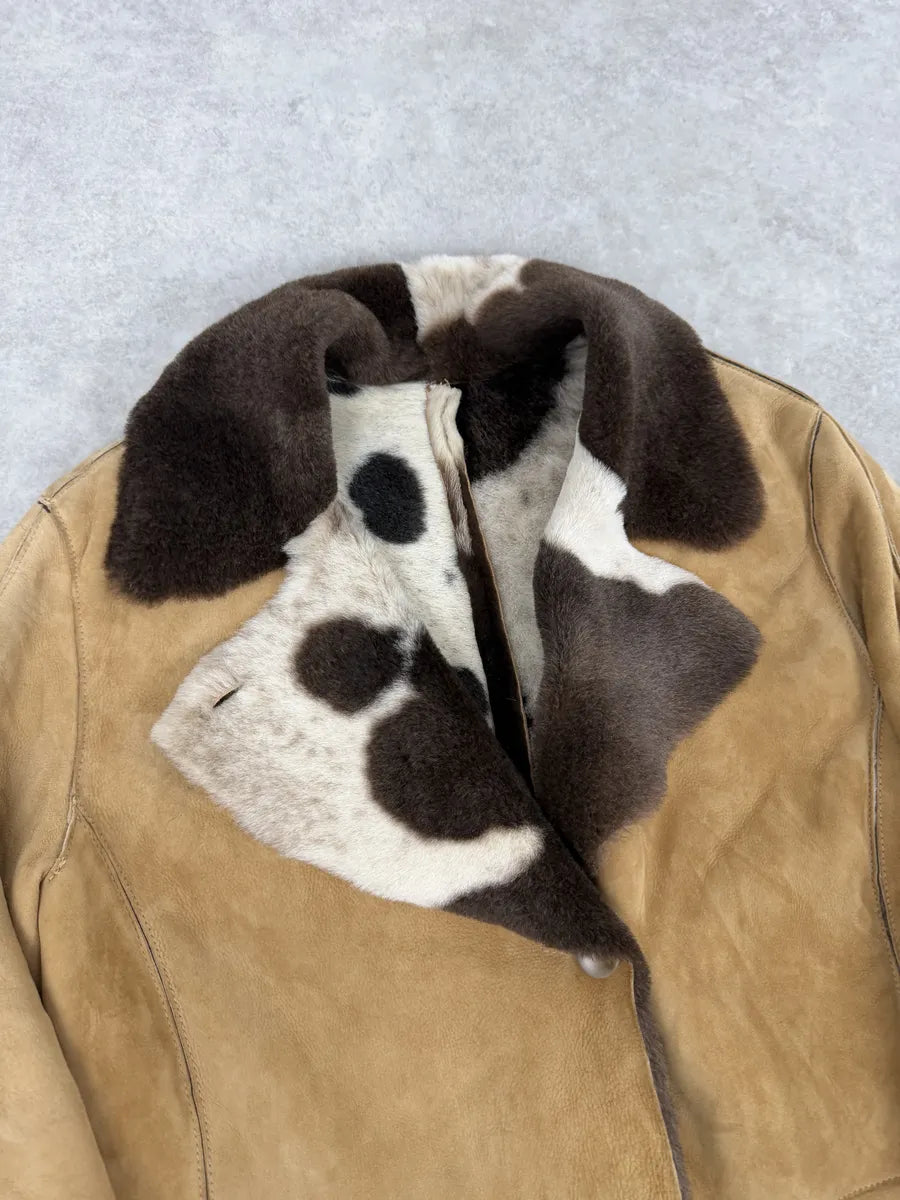 2000s Versace Beige Leather Fur Collar Cow Effect Coat UbxEMmR 9