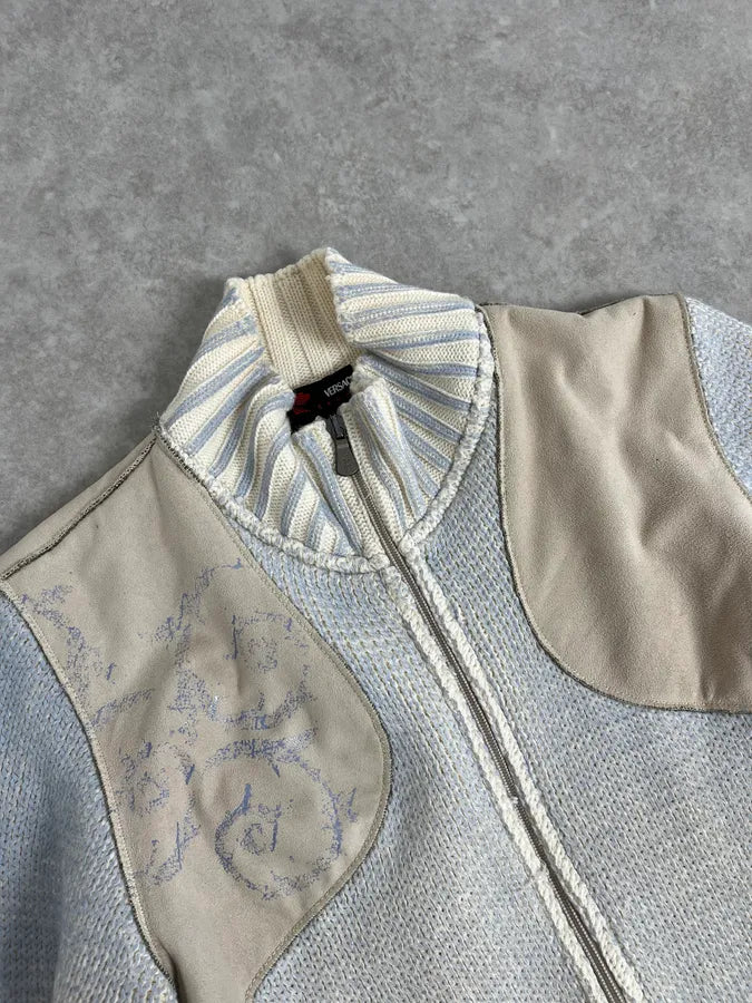 2000s Versace Blue & Beige Patch Zip-Up Sweater WoZDgBc 4
