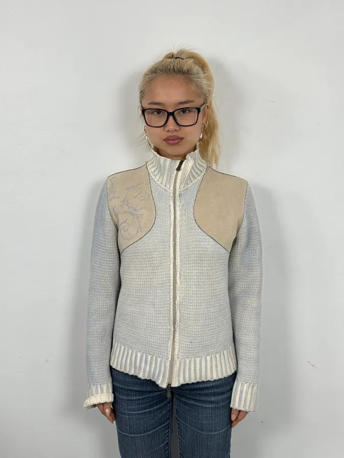 2000s Versace Blue & Beige Patch Zip-Up Sweater WoZDgBc 1