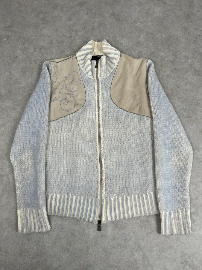 2000s Versace Blue & Beige Patch Zip-Up Sweater WoZDgBc 0