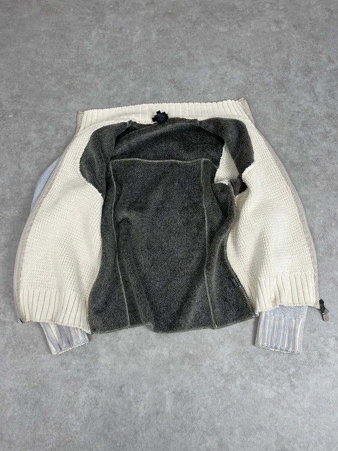 2000s Versace Blue & Beige Patch Zip-Up Sweater WoZDgBc 7