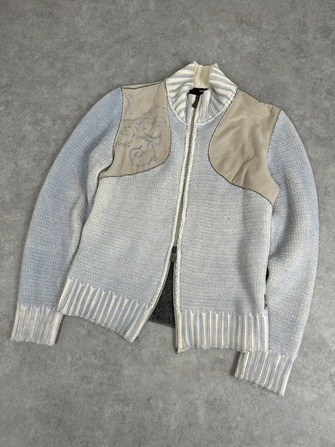 2000s Versace Blue & Beige Patch Zip-Up Sweater WoZDgBc 3