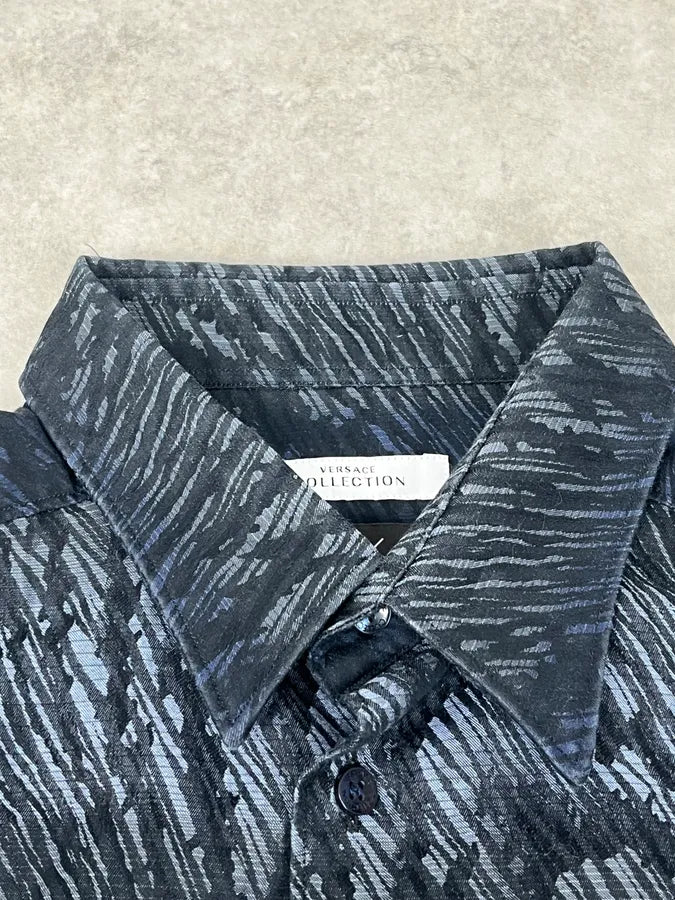 2000s Versace Black & Navy Waves Abstract Shirt HbKzNpT 7