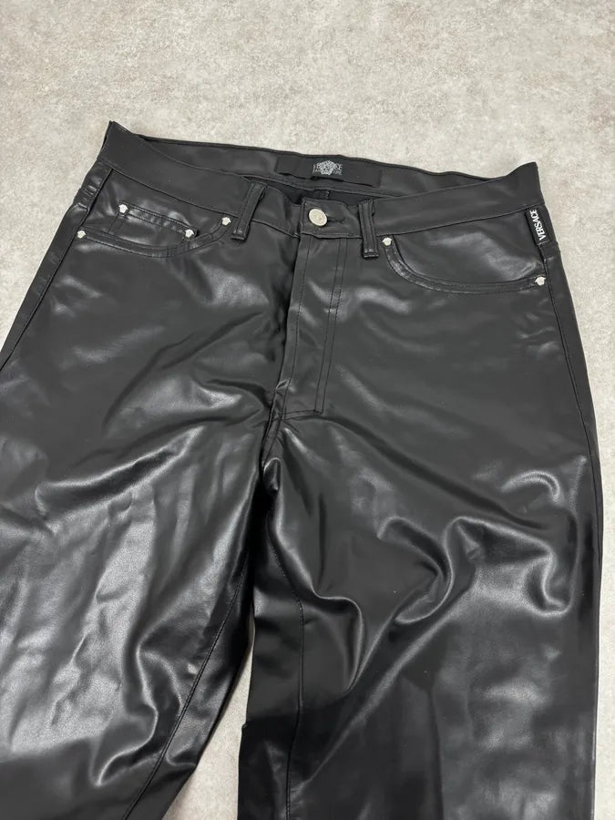 2000s Versace Black Eco Slim Leather Biker Pants UOtHzll 5