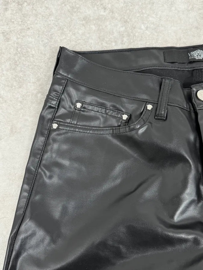 2000s Versace Black Eco Slim Leather Biker Pants UOtHzll 8