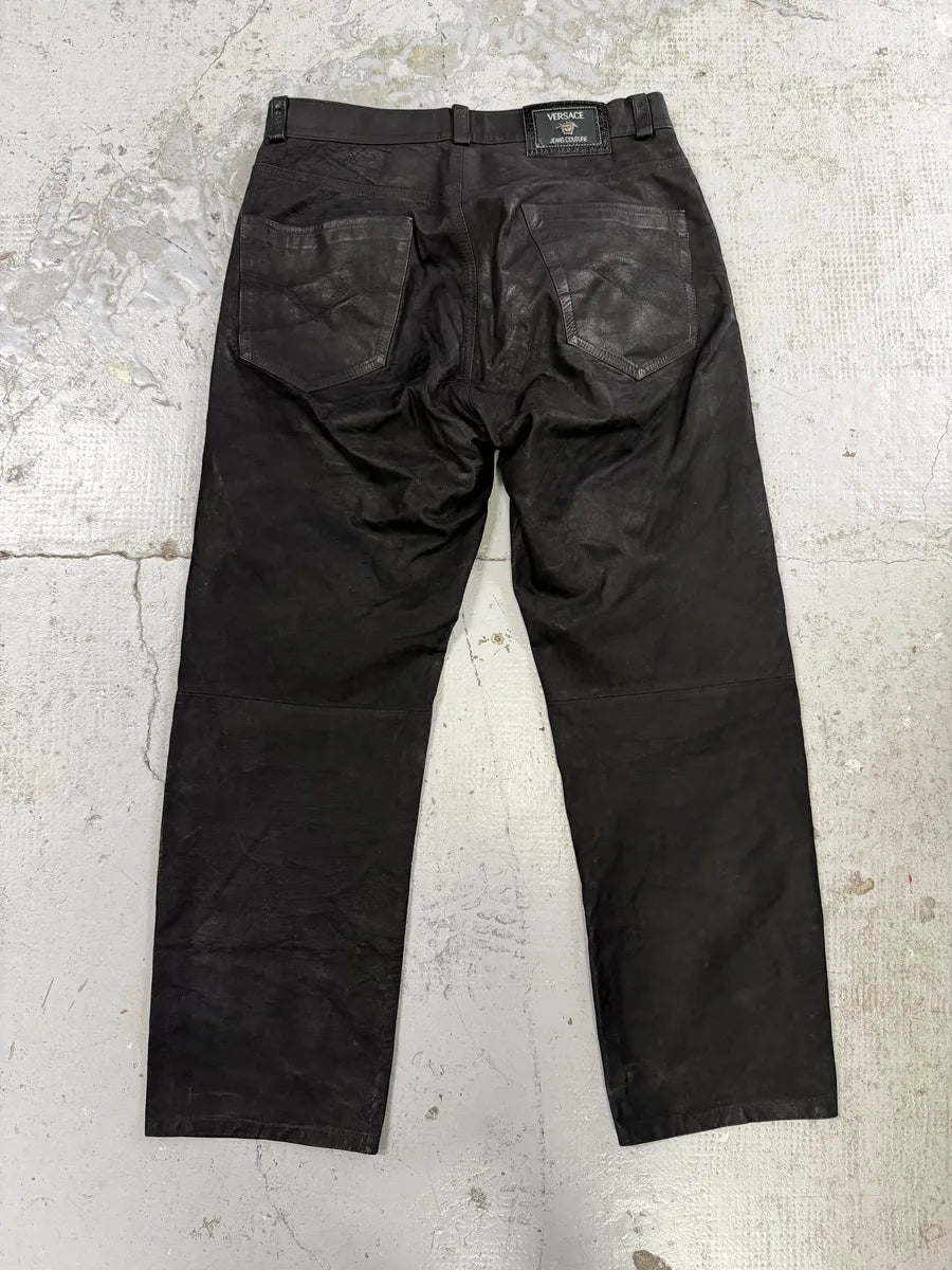 2000s Versace Black Eroded Leather Pants TyZjfyL 4