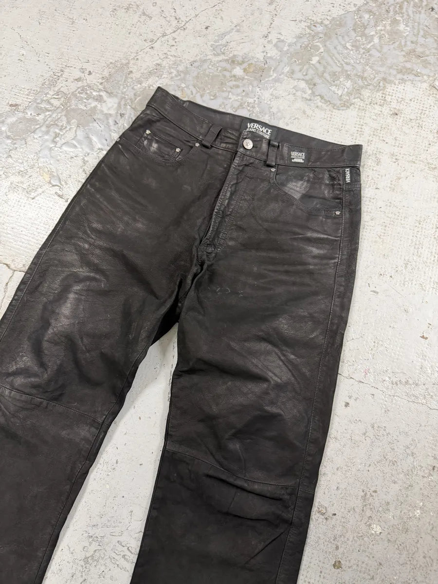 2000s Versace Black Eroded Leather Pants TyZjfyL 5