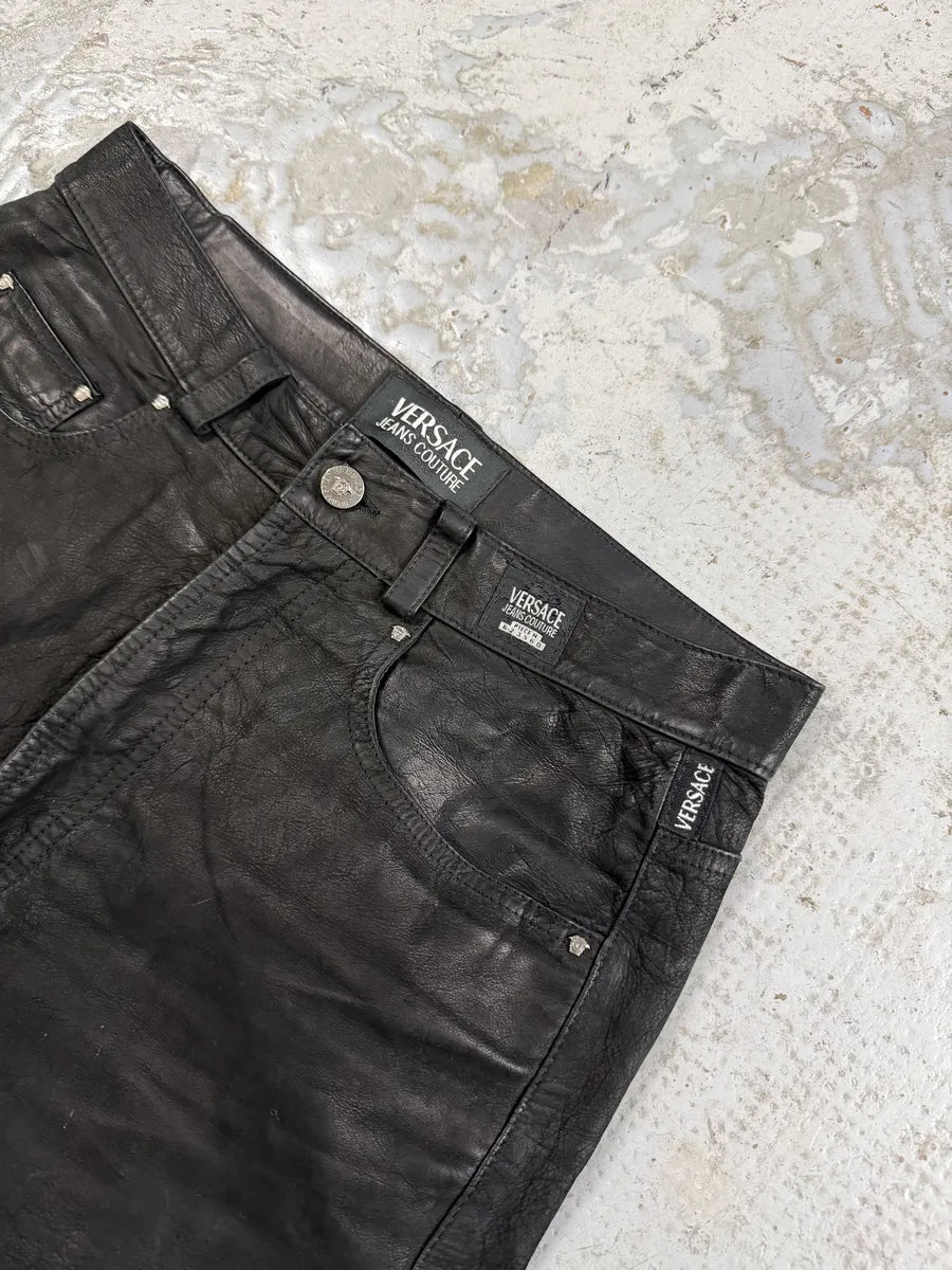 2000s Versace Black Eroded Leather Pants TyZjfyL 9