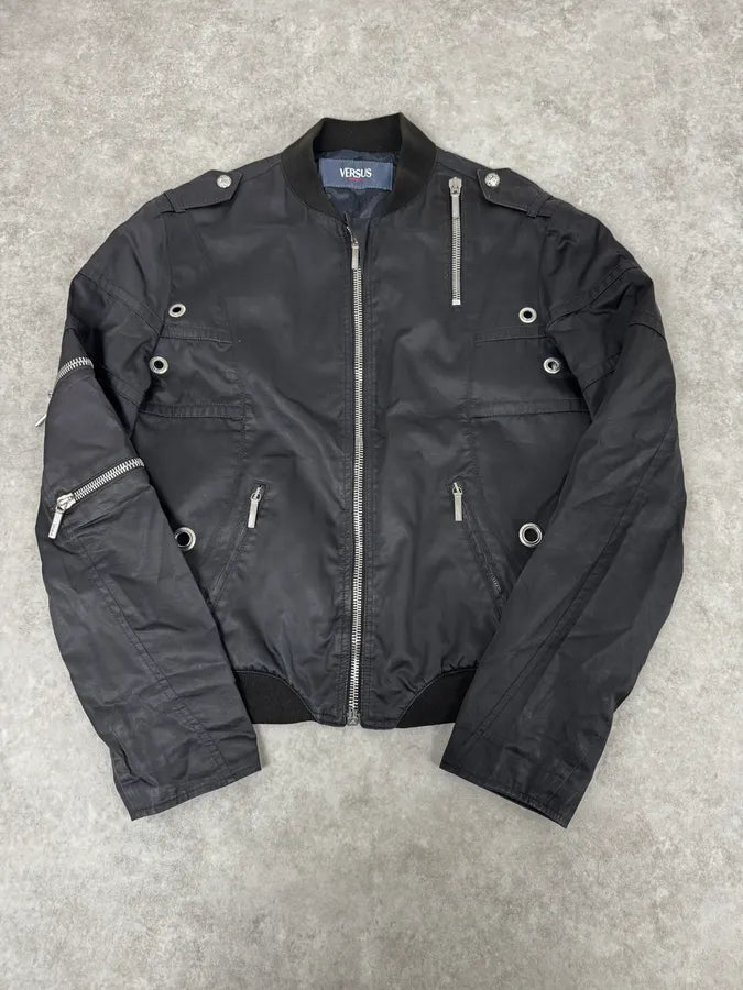 2000s Versace Black Eyelet Multi Zips Jacket pNZhqaT 0