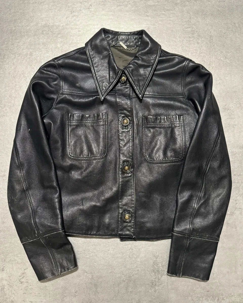 2000s Versace Black Leather Cropped Minimalist Buttoned Jacket (XS) 0