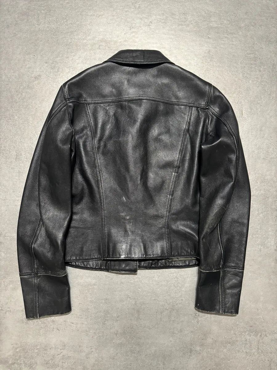 2000s Versace Black Leather Cropped Minimalist Buttoned Jacket (XS) 1