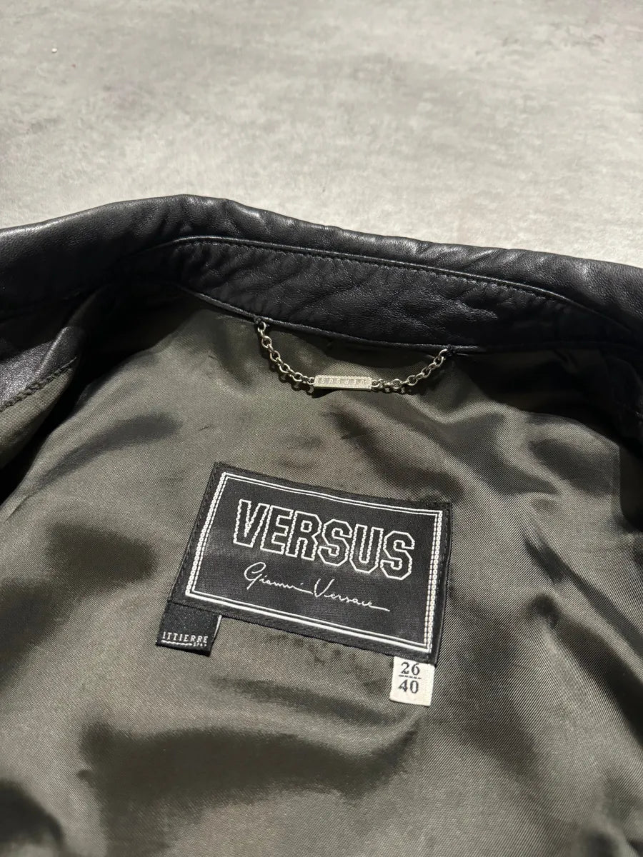 2000s Versace Black Leather Cropped Minimalist Buttoned Jacket (XS) 4